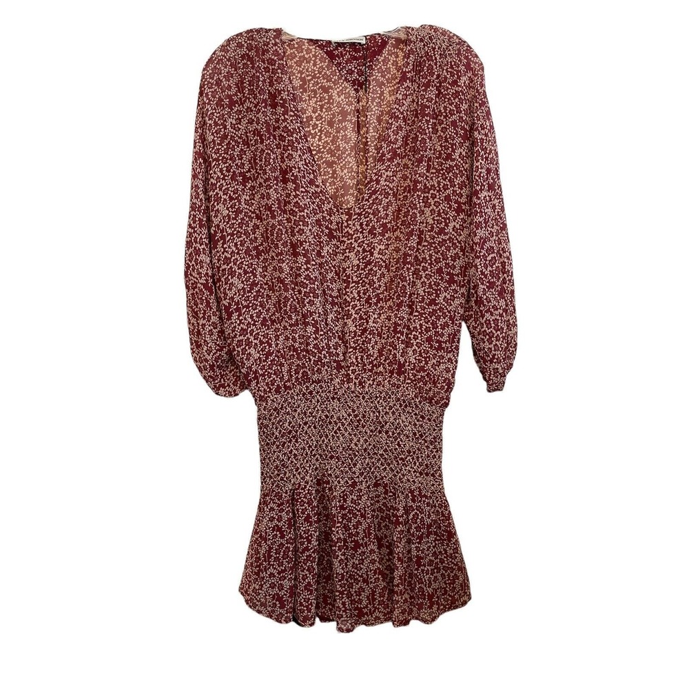 Ulla Johnson Samira Drop Waist Size‎ 2 Silk Bordeaux Red Floral Sheer Smocked